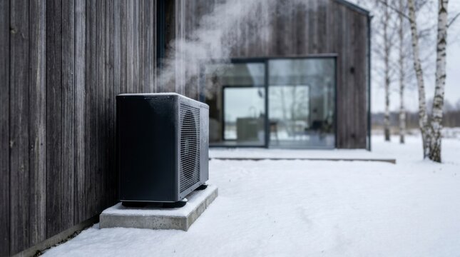 Air source heat pump unit outside a modern house in winter with steam rising