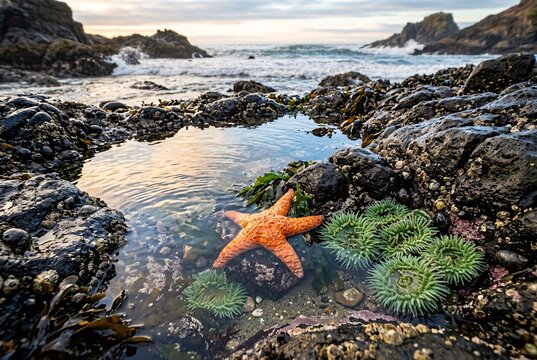 Orange sea star and anemones in a rocky coastal tide pool