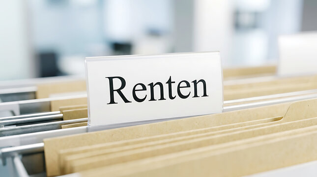 A hanging file folder in an office cabinet labeled with the german word for pensions renten