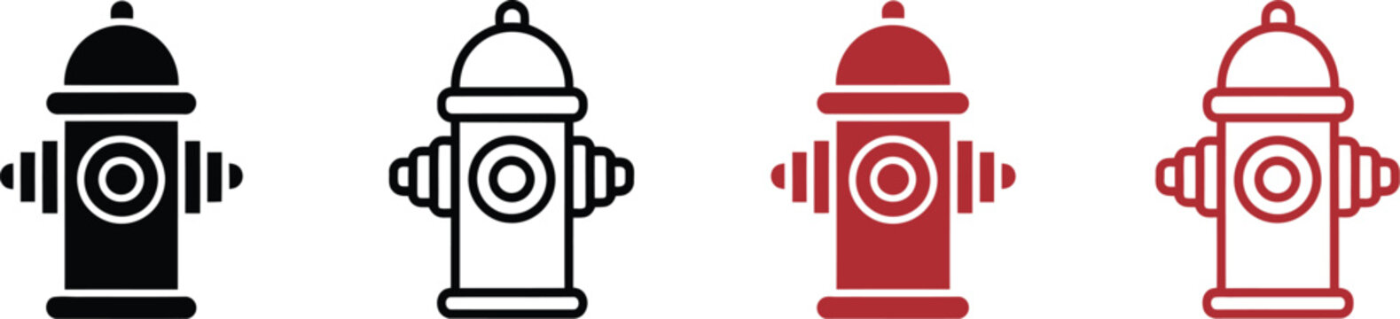 Fire, hydrant icons set, fire hydrant symbols, water hydrant signs, emergency water supply elements, firefighting equipment, safety symbols, and utility service graphics for websites.
