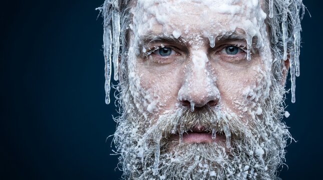 Man with frozen beard, hair, and face covered in ice and icicles, looking directly at the camera