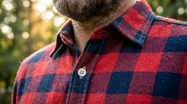 Close-up of a man in a red and blue plaid flannel shirt outdoors