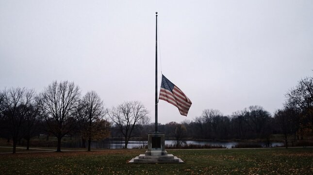 memorial tribute protocols, a weathered american flag at half-mast billows softly in muted light