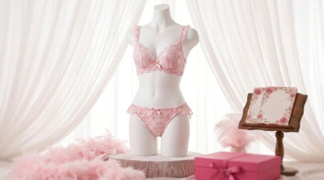 Pink lace lingerie set on a white mannequin with sheer curtains and decorative elements