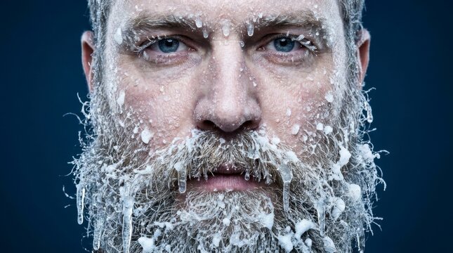 Close-up portrait of a man with a frozen beard and face covered in ice