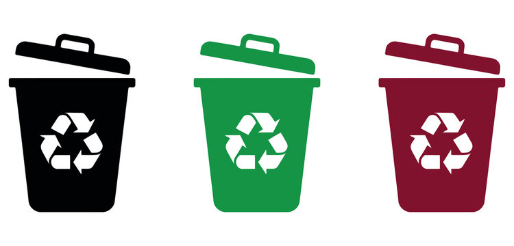 Set of three colorful recycling bin icons with lids for waste management and environmental care.