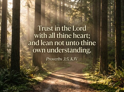Bible verse proverbs 3 5 written over a beautiful sunlit forest path with rays of light