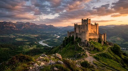 Obraz premium Stone castle on a hill overlooking a river valley at sunset