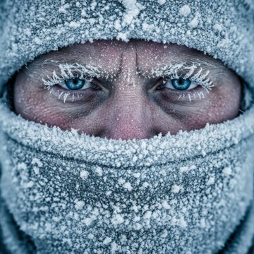 Close-up of a person's face covered in frost and ice with piercing blue eyes, enduring extreme cold weather
