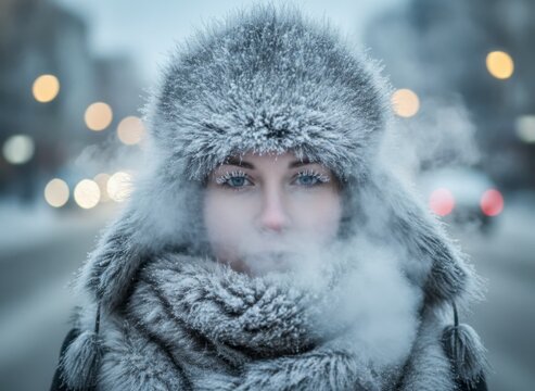 Woman in a fur hat exhaling visible breath in cold winter weather