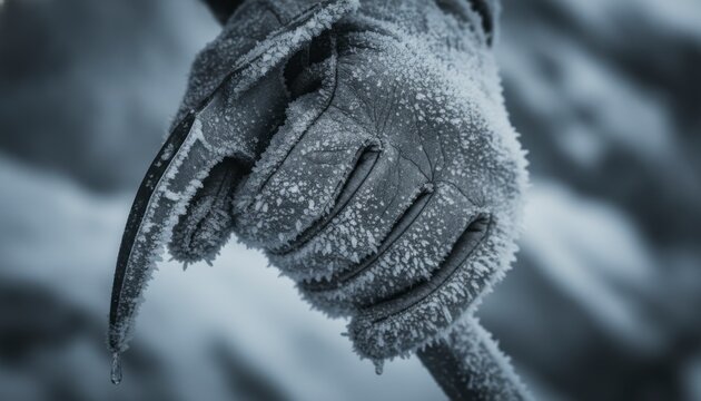 Close-up of a frost-covered glove gripping an ice axe in cold weather