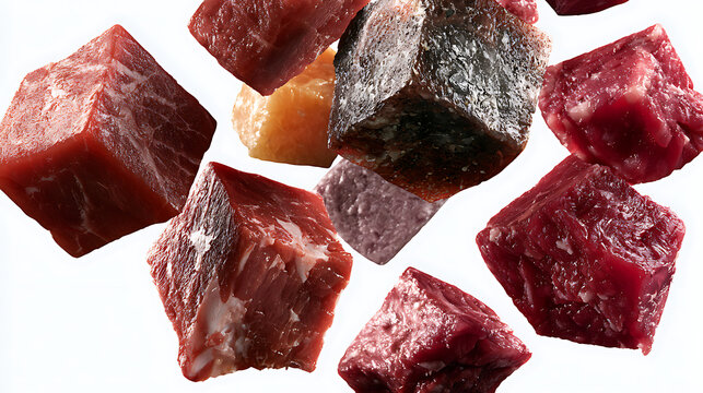 Diced beef cubes in varying stages of cooking float against a white background