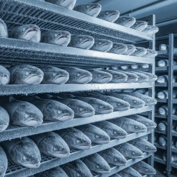 Frozen fish heads on metal shelves in a cold storage facility