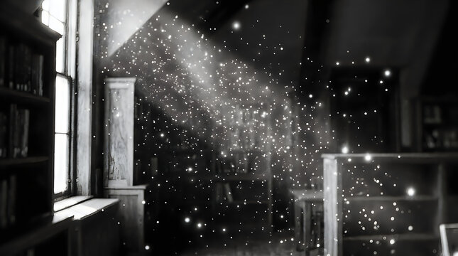 Dust motes dancing in sunbeams within a vintage library evoking wonder and nostalgia during daytime