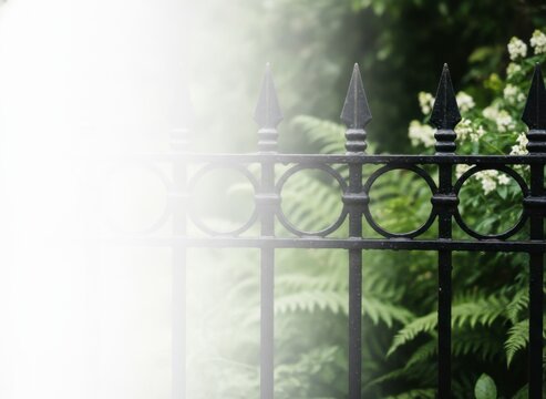 Decorative black wrought iron fence with pointed finials and circular details, partially faded to white, with lush green foliage in the background
