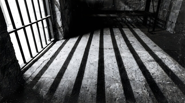 Prison cell floor with harsh light and shadow patterns from bars in a dark gritty environment