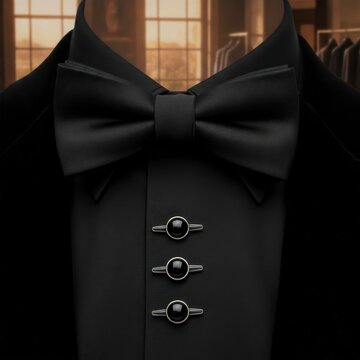 Elegant black tuxedo shirt with bow tie and decorative studs, close-up in a formal setting