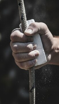 Close-up of a strong hand gripping a rope with chalk dust flying