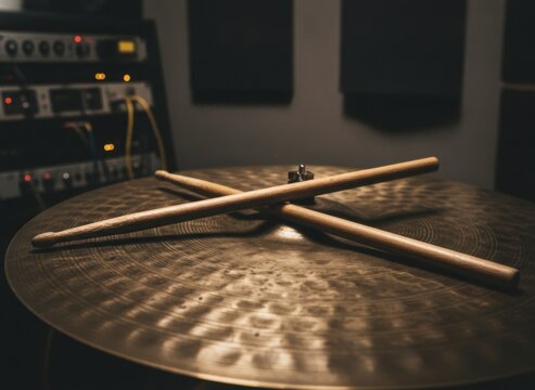 Close-up of two wooden drumsticks resting on a textured cymbal in a dimly lit music studio with audio equipment in the background