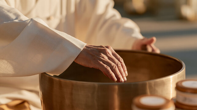 An elderly sound healing practitioner under golden hour light reaching into the narrow interior of a large wooden tongue drum to retrieve a buzzing sympathetic rattle, a stack of