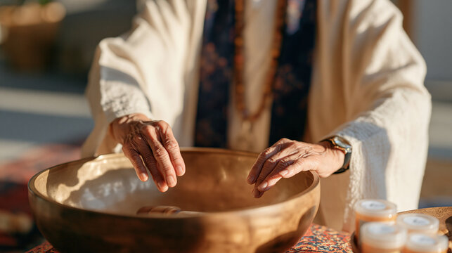 An elderly sound healing practitioner under golden hour light reaching into the narrow interior of a large wooden tongue drum to retrieve a buzzing sympathetic rattle, a stack of