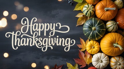 Fototapeta premium Happy thanksgiving greeting card with pumpkins and autumn leaves on a dark rustic wooden background