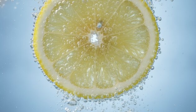 Close-up of a vibrant yellow lemon slice submerged in clear water with effervescent bubbles against a light blue background