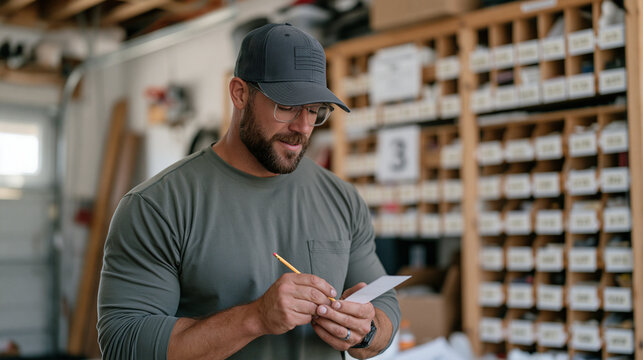 A crossfit coach sharpening a pencil before a kids party obstacle course competition in a modest home garage, a clean organized scoring station visible with numbered lanes ready