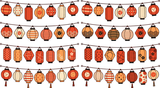 Japanese Paper Lantern Garland Vector Set with Festive Chochin Lamps and Hanging Banners