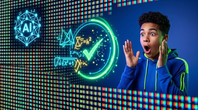 Young boy surprised by AI technology on LED screen background  