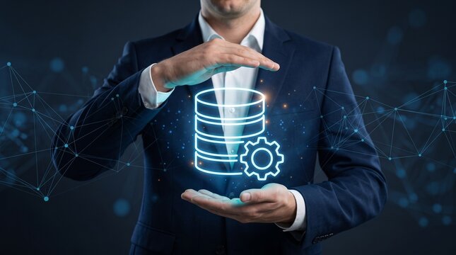 Database Management and Data Processing Technology with Businessman and Hologram Icon