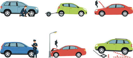 Fototapeta premium Car Breakdown Roadside Assistance and Traffic Accident Flat Vector Illustration Set with Tire Change Engine Overheating Police Investigation and Vehicle Towing Elements