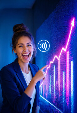 Young businesswoman excitedly pointing at rising graph on screen  