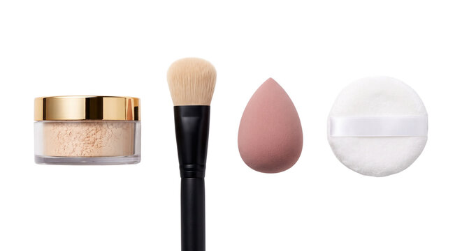 Cosmetic makeup products including loose powder jar brush blender sponge and puff for beauty application.