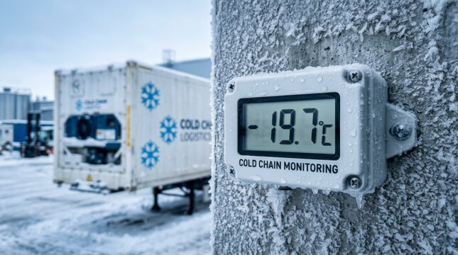 Digital thermometer showing -19.7 degrees Celsius on a frosted wall next to a cold chain logistics container
