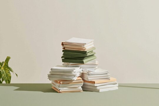 Tall stacks of folders and loose papers create a chaotic workload on a green desk, with muted olive tones for document management and administration concepts