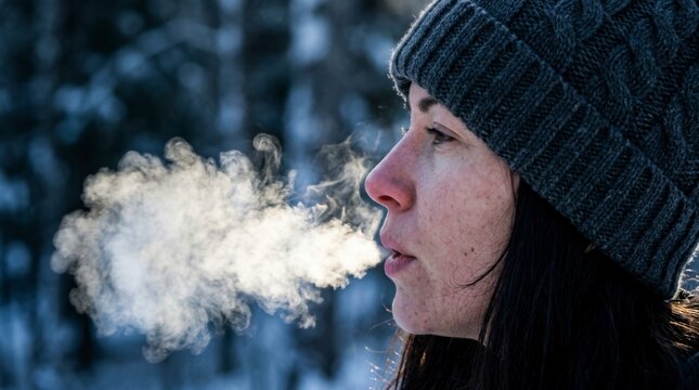 Woman exhaling visible breath vapor in cold winter air