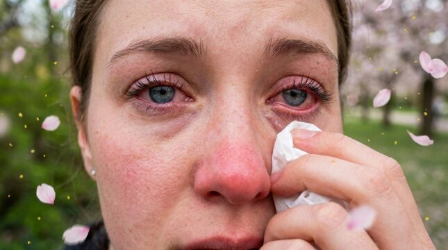 Young woman with red, watery eyes and runny nose suffering from spring allergies outdoors