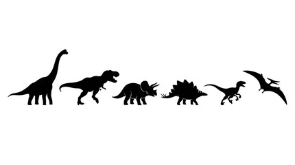 Diverse dinosaur silhouettes walk across a white background silhouette © Asvect