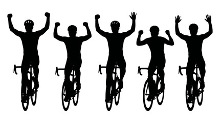 Obraz premium Cyclists riding bicycles in various celebratory poses black silhouette