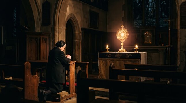 Elderly woman kneeling and praying in dark church. Golden monstrance glowing on altar with burning candles. Catholic faith, adoration and worship concept. Religion and spirituality theme.