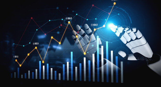A robotic hand is engaging with intricate data graphs showcasing advancements in technology and analytics, representing future innovation in digital interactions. Scalp