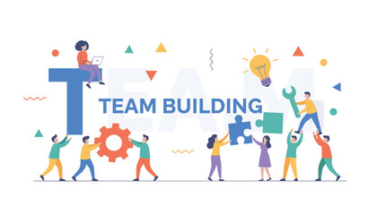 Naklejka premium Creative team working together building the word team with gears puzzle pieces and lightbulb for business success.