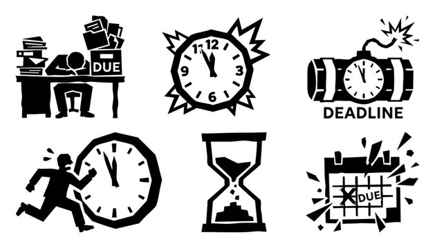 Time pressure and strict business deadline icon set. Grotesque silhouettes of exploding clock, hourglass, running man, and overdue tasks
