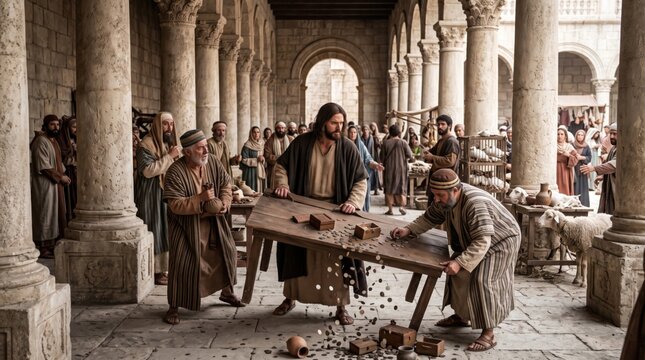 Jesus cleansing the temple overturning table of money changers with coins falling in ancient courtyard. Biblical scene of merchants and crowd in