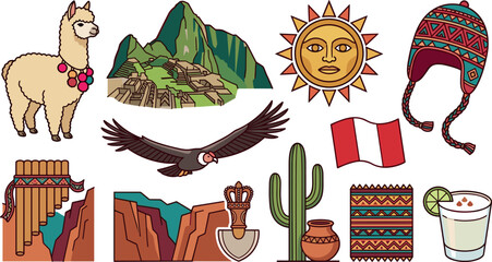 Fototapeta premium Peru Culture and Tourism Travel Vector Icon Set Featuring Alpaca Machu Picchu Andean Condor Pan Flute Pisco Sour and Traditional Peruvian Symbols