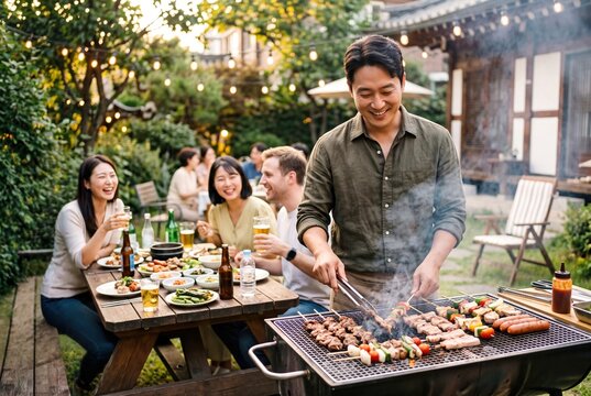 A smiling Asian man happily grilling skewers at an outdoor backyard barbecue party with his friends.
