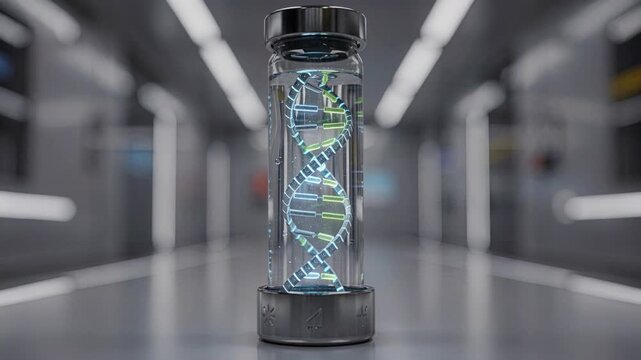 Transparent vial holding glowing DNA helix suspended in clear liquid 