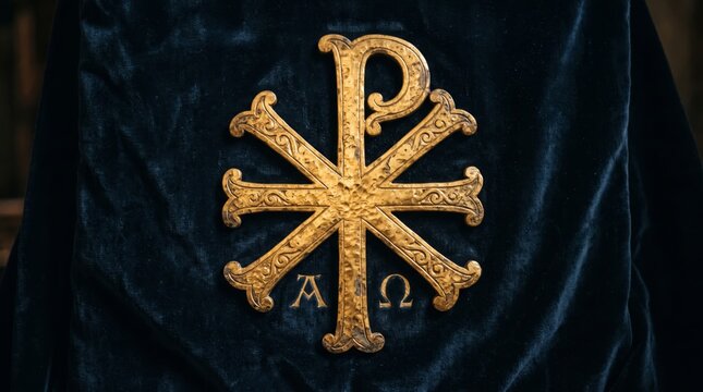 Golden christian chi rho symbol with alpha and omega letters on dark blue velvet fabric. Ancient religious emblem of jesus christ. Orthodox and catholic faith, church liturgy and easter concept