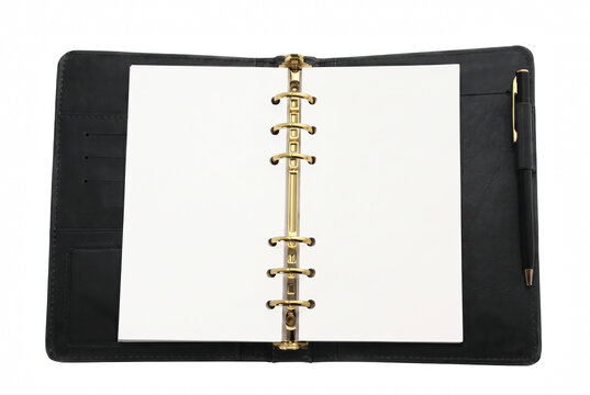 Elegant open black leather personal organizer with blank white pages, gold ring binding, and a matching black pen isolated on a white background.